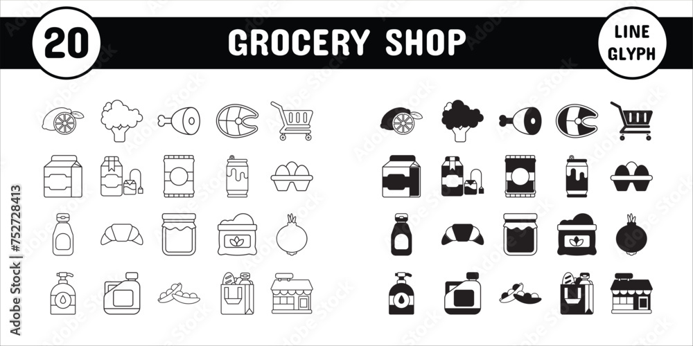 Grocery Shop Line Glyph Vector Illustration Icon Sticker Set Design Materials