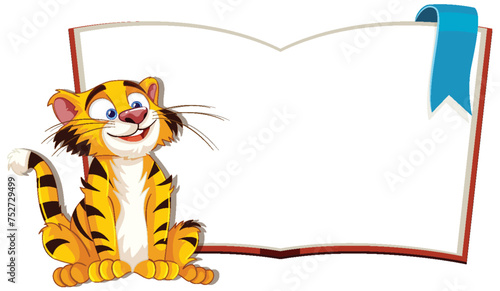 Cartoon tiger sitting beside a large blank book.