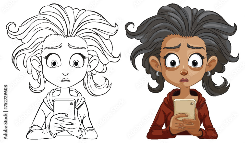 Color and line art of a girl shocked by phone content Color and line art of a girl shocked by phone content