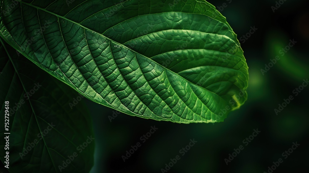 A green leaf with the dark green veins and the dark green veins.