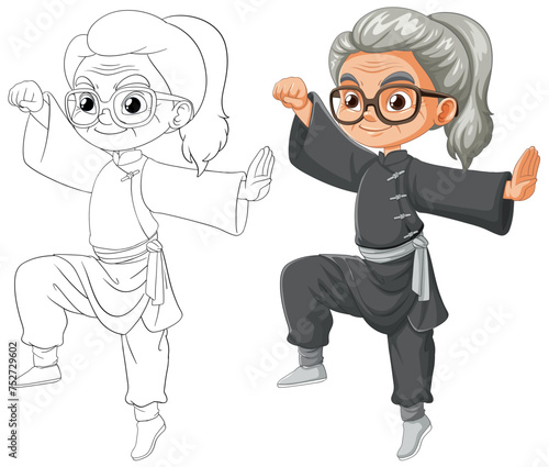 Colorful and grayscale illustrations of a martial artist