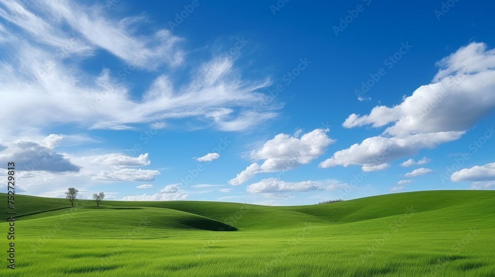 Beautiful grassy fields and summer blue sky with fluffy white clouds Beautiful grassy fields and summer blue sky with fluffy white clouds