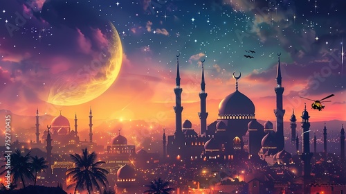 Ramadan Kareem background with mosque and moon, Eid greetings background, Mosque night view Pro Photo