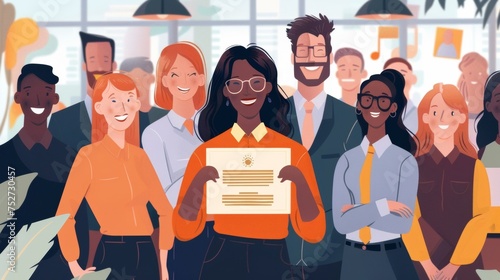 A company CEO holds up a certificate of completion as she celebrates the successful implementation of a new employee development program surrounded by her team members and
