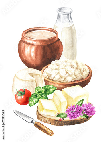 Rustic natural Dairy products.. Hand   drawn watercolor illustration,  isolated on white background