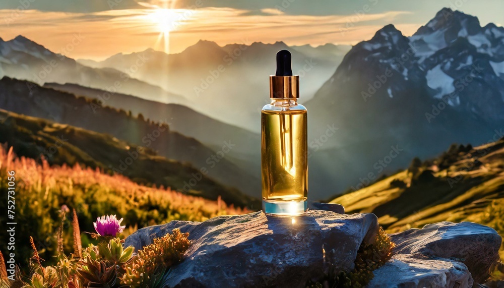 sunrise in the mountains, top view photograph skincare serum bottle with label with sun shining, Ai Generate - obrazy, fototapety, plakaty 