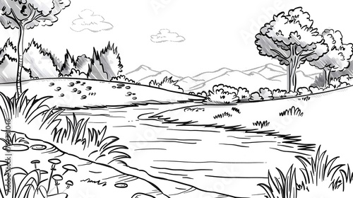 A delightful printable black-and-white page of a landscape for kids