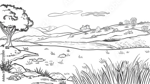 A delightful printable black-and-white page of a landscape for kids
