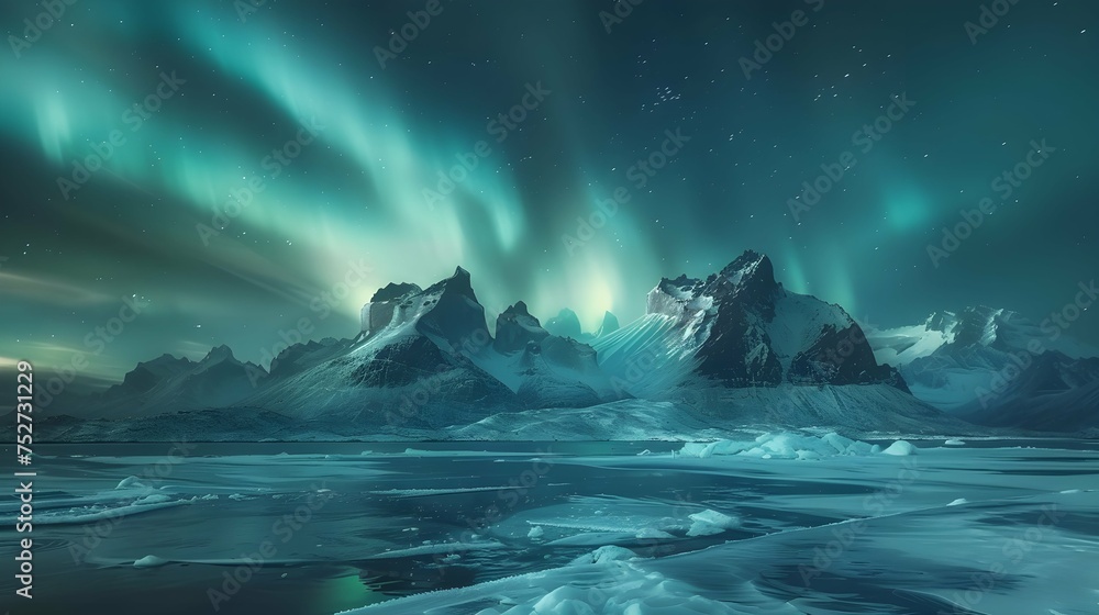 Aurora Borealis, Lofoten islands, Norway. Nothen light, mountains and frozen ocean. Winter landscape at the night time. Norway travel