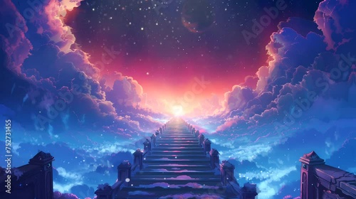 Majestic celestial staircase that lead to the heaven. Fantasy landscape anime or cartoon style, looping 4k video animation background photo