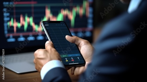 Businessman using a smartphone app to buy or sell shares of stock market.