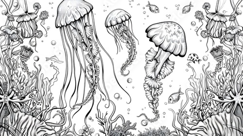 Coloring pages with jellyfish and seahorse