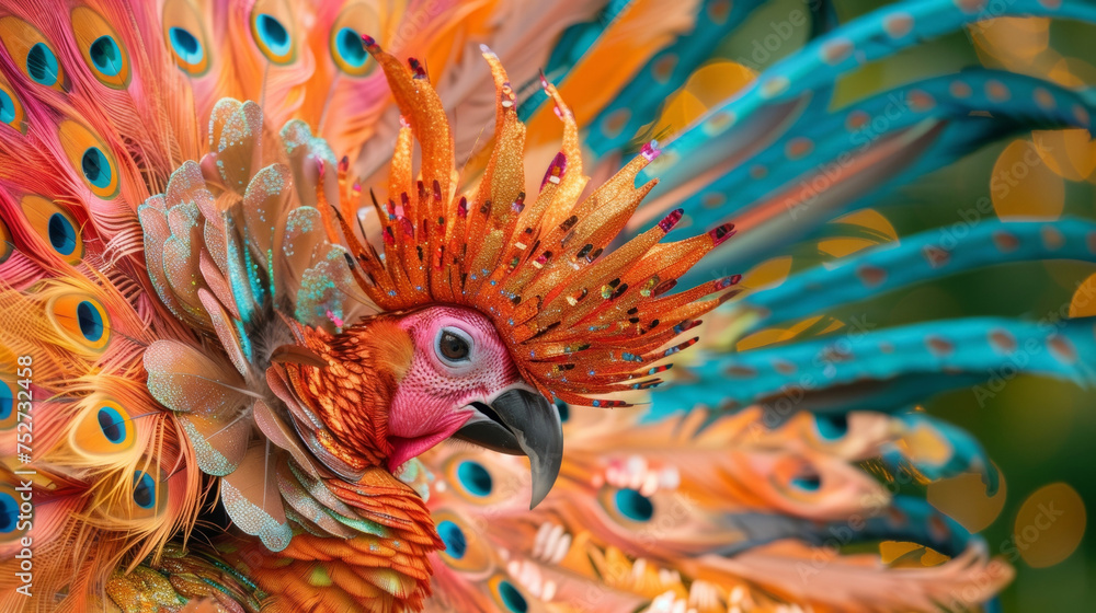 A detailed shot of a flamboyant headdress often worn by dancers and performers during Carnival celebrations.