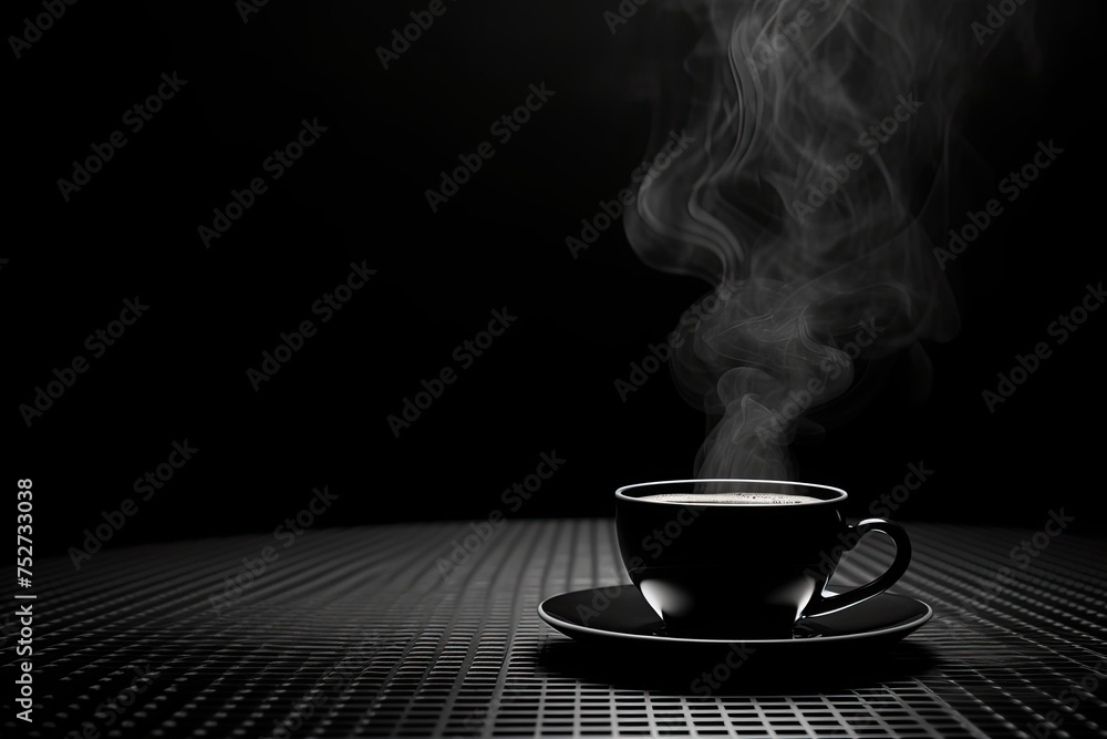 A warm cup of liquid casts tendrils of steam against the dark backdrop, promising coziness and solace - obrazy, fototapety, plakaty 