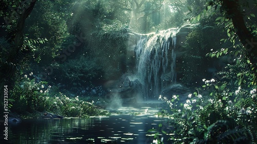 There is a waterfall in the middle of a forest with a lot of trees generative ai