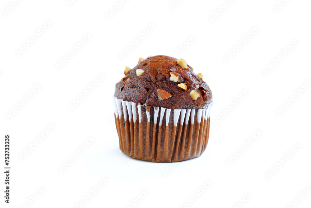 Chocolate muffin with almond isolated on white background, Homemade cupcake Chocolate muffin with almond isolated on white background, Homemade cupcake