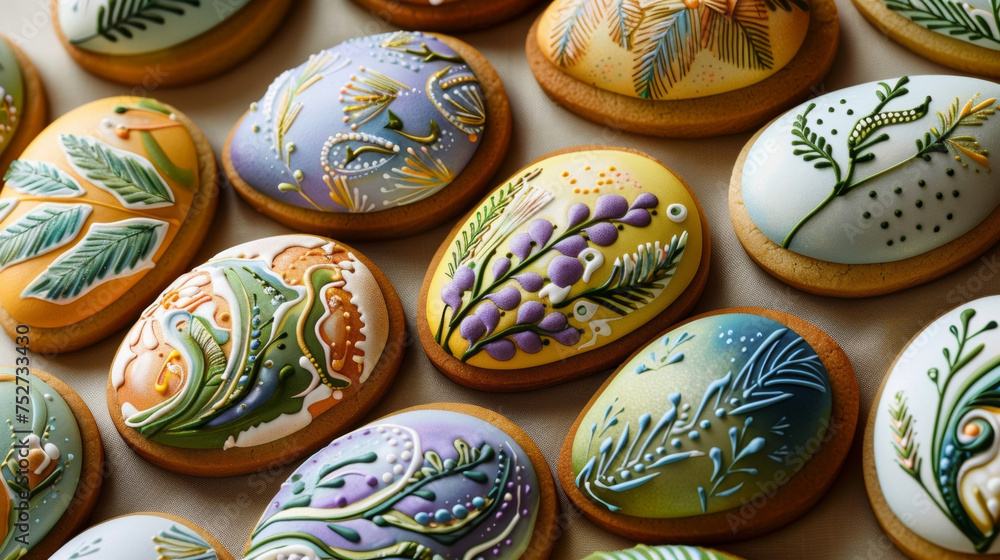 A selection of handpainted sugar cookies shaped like Easter eggs and decorated with intricate designs showcasing the talent and creativity of the baker. A selection of handpainted sugar cookies shaped like Easter eggs and decorated with intricate designs showcasing the talent and creativity of the baker.