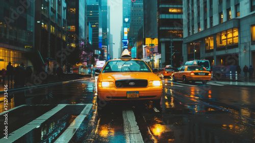 Yellow taxicab in a big city on a rainy dreary day