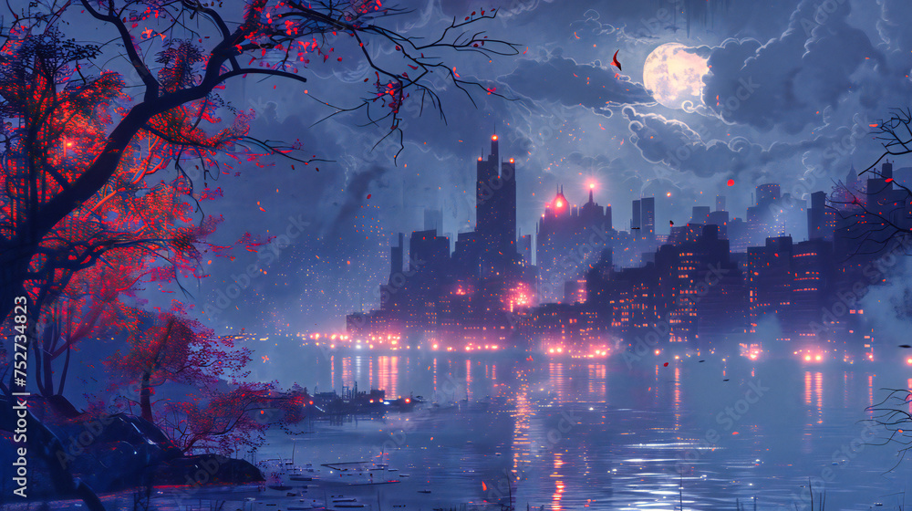 Futuristic City Skyline at Night, Urban Lights Reflecting on Water, Fantasy Metropolis Panorama