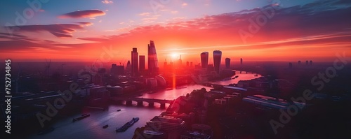Drone captures stunning sunrise over Londons financial district showcasing iconic skyline. Concept Sunrise Photography, Drone Footage, Financial District, London Skyline, Iconic Landmarks