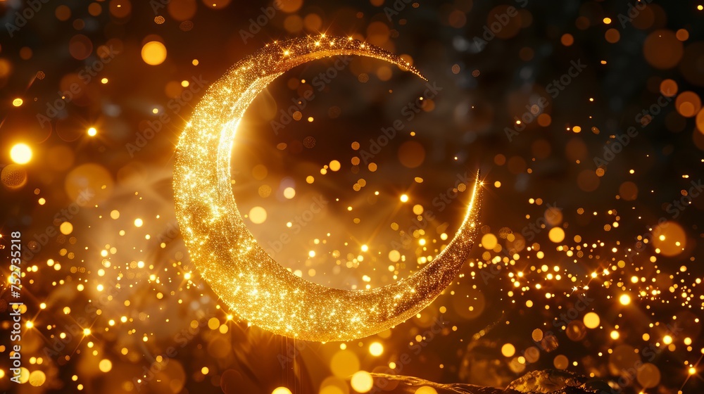 Glittering crescent moon illuminating bokeh background: stunning 3d render evoking islamic faith and culture
Glittering crescent moon illuminating bokeh background: stunning 3d render evoking islamic faith and culture