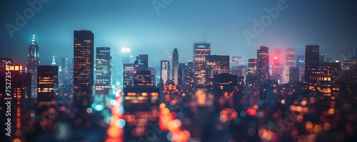 Nighttime urban skyline with blurred lights creating a bokeh effect. Concept Cityscape Photography, Bokeh Effect, Urban Nightlife, Blurred Lights, Skyline Silhouettes photo