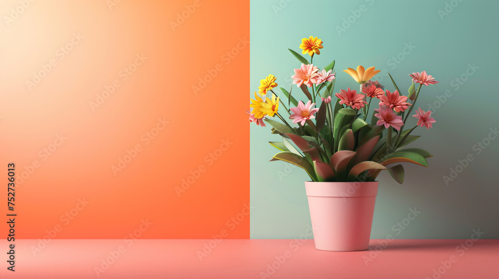 3d blooming flowers in pot