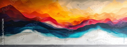 Dynamic abstract mural with swirling patterns in warm and cool hues, installed in a subway station. photo
