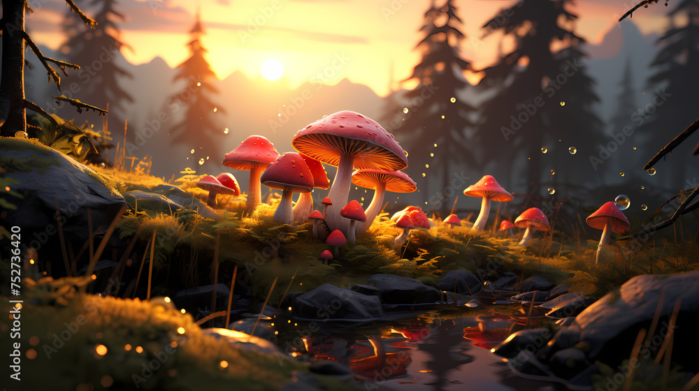Small mushrooms growing on tree trunks with wet moss and fallen leaves Small mushrooms growing on tree trunks with wet moss and fallen leaves