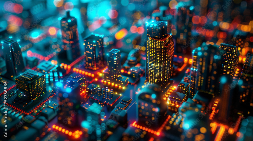Obraz premium An evening view of a futuristic city where the buildings are lit up by colorful lights that change and flicker in patterns. This is thanks to the automated systems within