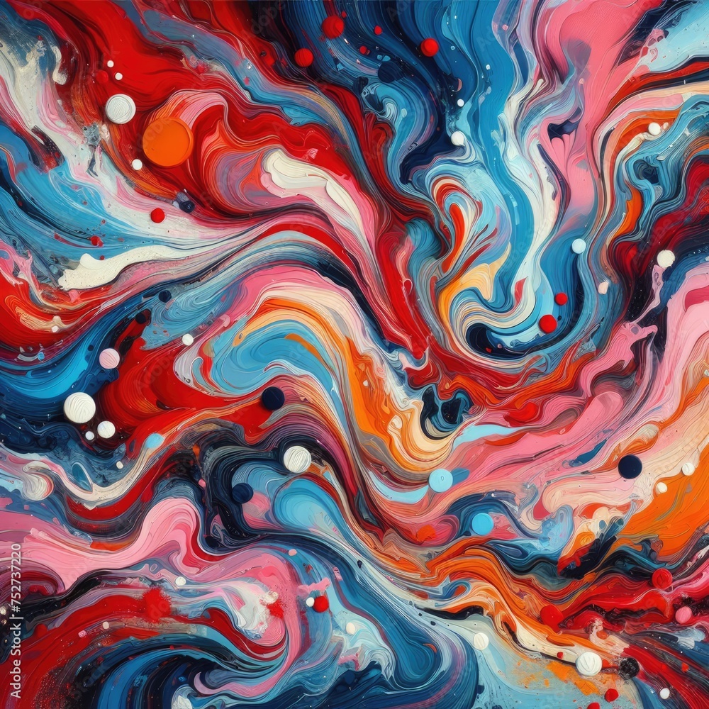 vibrant, abstract painting featuring bold, contrasting colors and textures. Swirls of red, blue, orange, and pink paint are mixed together in a fluid-like pattern