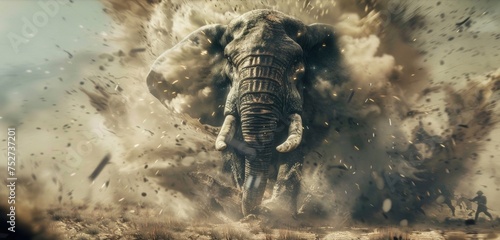 A ferocious war elephant charging through a battlefield trampling anything in its path.