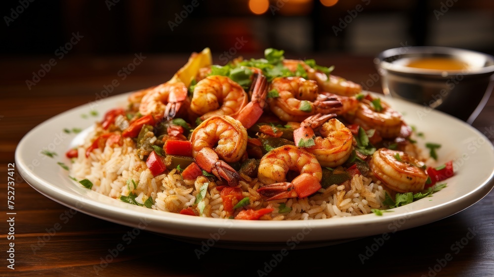 A plate of shrimp and rice featuring Cajun Jambalaya A plate of shrimp and rice featuring Cajun Jambalaya