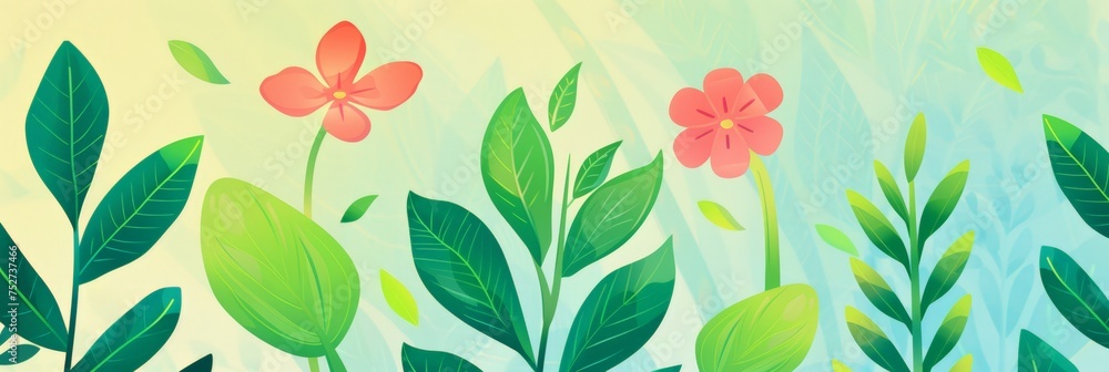 Vibrant Bloom: Painting of Flowers and Leaves on a Wall. Generative AI Vibrant Bloom: Painting of Flowers and Leaves on a Wall. Generative AI