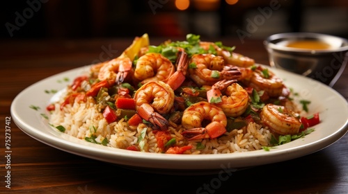 A plate of shrimp and rice featuring Cajun Jambalaya