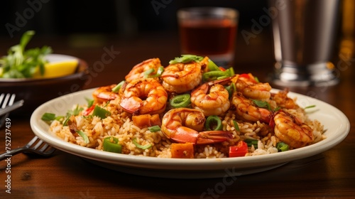 A plate of shrimp and rice featuring Cajun Jambalaya