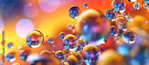 Water drops on glass, orange colorful background, blue sky