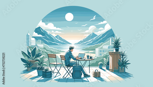 Concept of a digital nomad working in different attractive outdoor environments. Vector illustration.