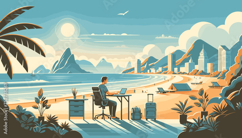 Concept of a digital nomad working in different attractive outdoor environments. Vector illustration. photo
