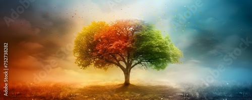 A seasonal tree illustration showcasing the beauty of four seasons. Concept Illustration, Four Seasons, Seasonal Tree, Beauty, Nature