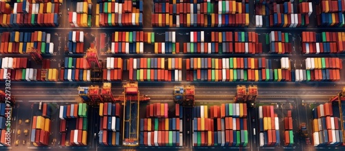colorful containers  neatly lined up at the Port of Trade  Shipping  cargo to port  Aerial view 