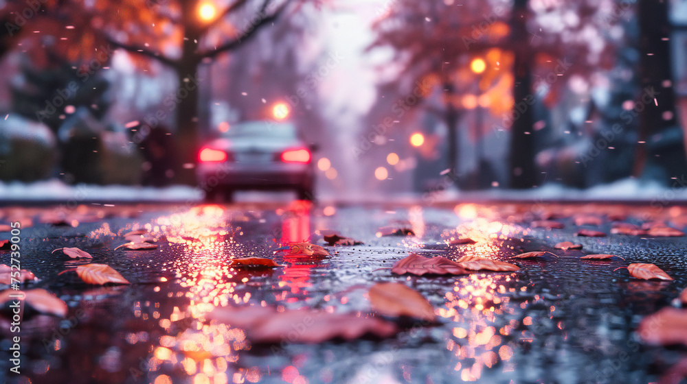 Fototapeta premium Rainy Night Street Scene, Urban Lights Reflected on Wet Road, Abstract Traffic Background