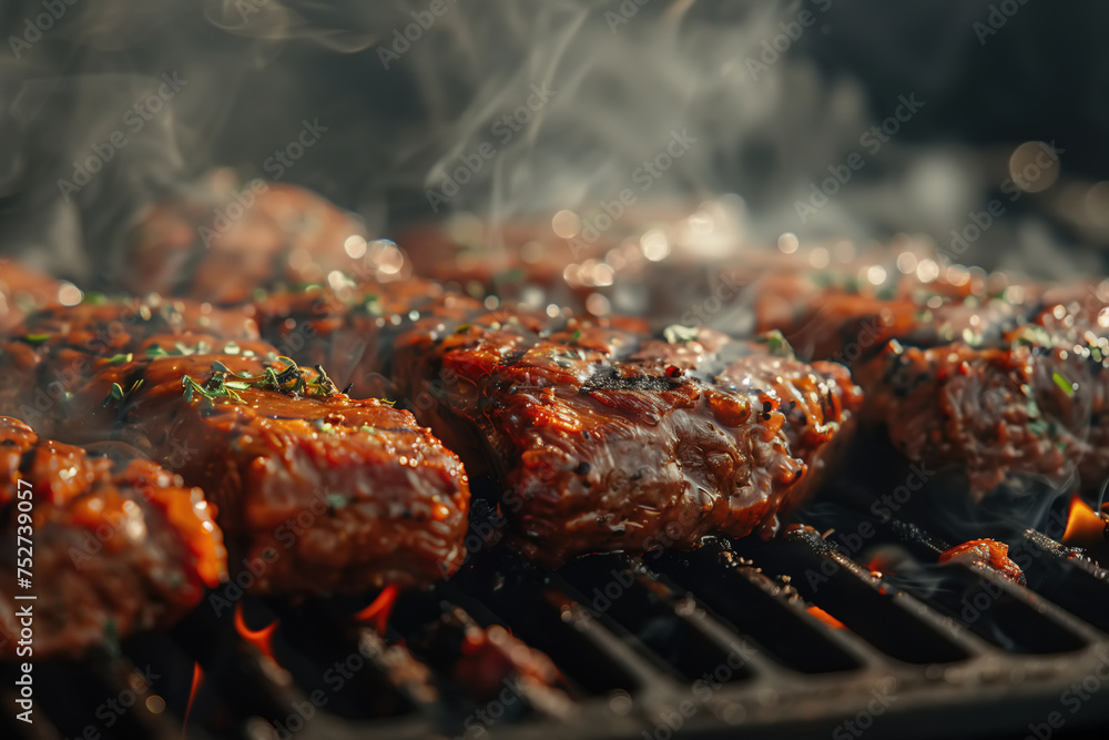 Juicy cuts of meat sizzle on the hot grill, releasing flavorful smoke as they cook to perfection Juicy cuts of meat sizzle on the hot grill, releasing flavorful smoke as they cook to perfection
