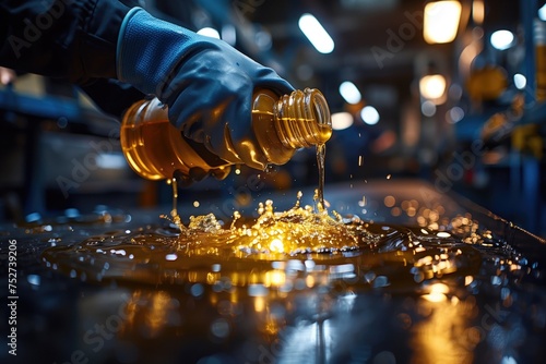 Efficient Oil Change. With precision and confidence, the mechanic performs an oil change, ensuring that the process is carried out swiftly and that the vehicle's engine will continue running smoothly