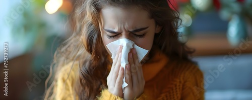 Young woman at home sneezing and clearing her nose with tissue. Concept Allergic reaction, Home remedies, Sneezing, Tissue use, Health Maintenance photo