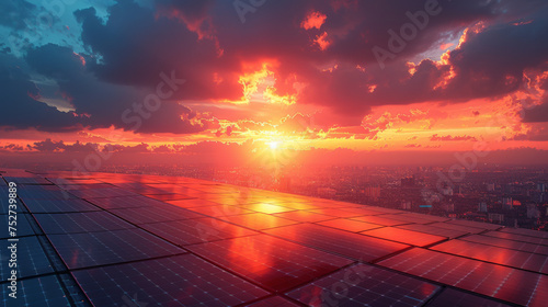 Aerial photo of new energy solar photovoltaic panels outdoors at sunrise.