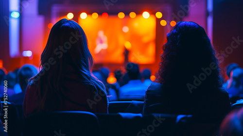 Image from behind of an audience member watching a person giving a speech on stage in a large venue.