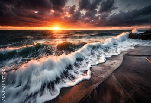 A dramatic sunset over a vast ocean with waves gently crashing onto the shore. Digital art