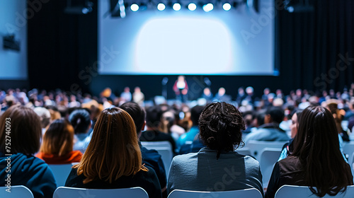 Image from behind of an audience member watching a person giving a speech on stage in a large venue. photo