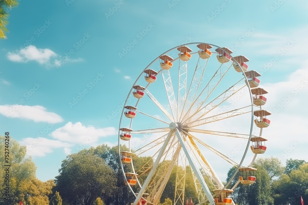 Colorful Ferris wheel of the amusement park, Ferris wheel in the park, Ferris wheel on blue sky background in the park, Ai generated
